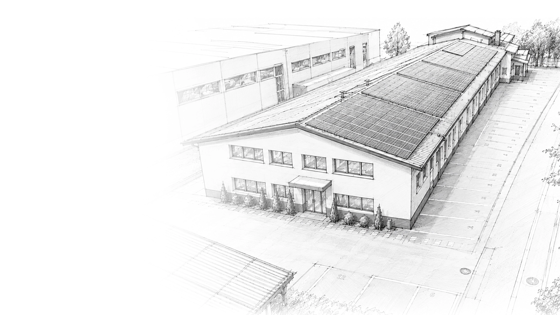 Businesspark Plainwerk in Bergheim bei Salzburg — Außenansicht des Areals mit Hallen, Bürotrakt und Photovoltaik am Dach